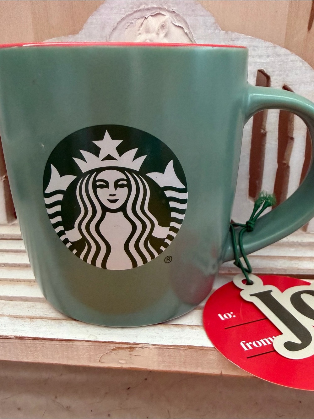 NWT 2025 Starbucks Mint Green Ceramic Mug with Red Accent